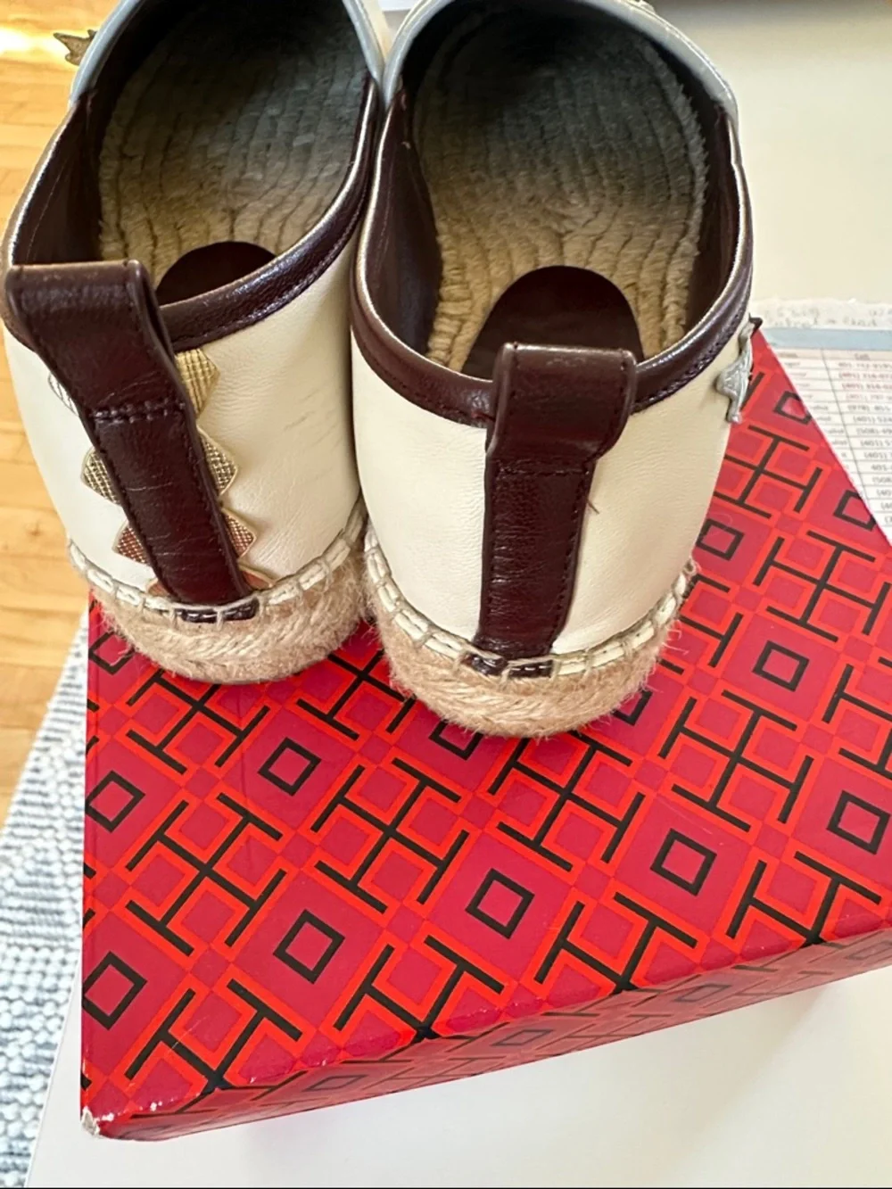 Tory Burch Cream Leather Espadrille Flats with Animal Appliqué